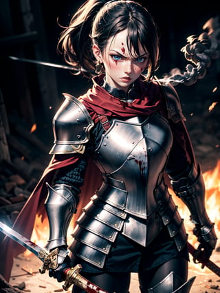 extra detailed, 1 girl, warrior,
 holding sword, (((full armor))), small chest, standing, battlefield, background corpses, fire, smoke, detailed anatomy, detailed eyes, detailed face, ponytail, short hair, scar on cheek, blood, angry, cape, low light