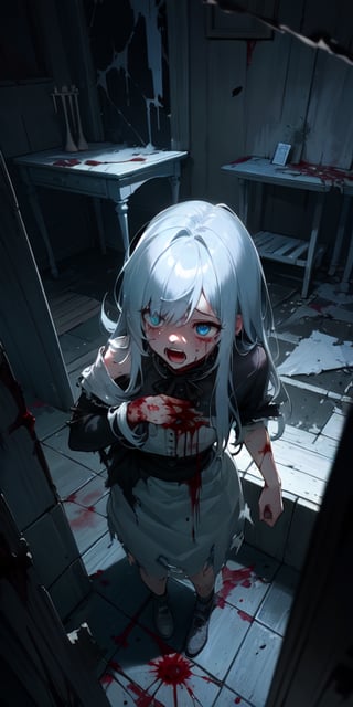 ((masterpiece)), best quality, 8k, high quality, high resolution, super detailed, ultra detailed, photorealistic, beautiful and finely detailed face and eyes, ultra detailed and detailed skin texture, expressive eyes, 1 girl, long tangled hair, (blood-soaked hair), hollow eyes, torn and mutilated dress, clawed hands, (bloodied floor), broken mirror, standing amid gore and shattered glass, shattered expression, ((desperate scream)), midnight, abandoned mansion, shattered windows, rotting furniture, (eerie silence), (moonlit), since nightfall, Olivia, tormented eyes, nightmarish horror background.