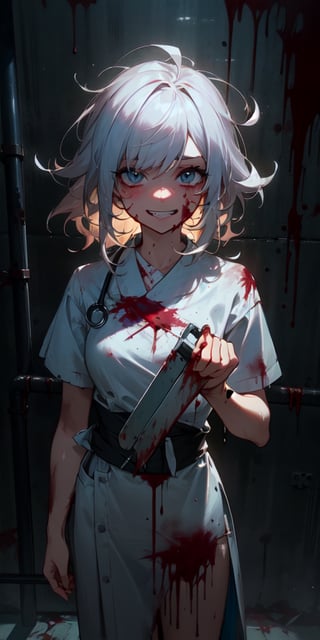 ((masterpiece)), best quality, 8k, high quality, high resolution, super detailed, ultra detailed, photorealistic, beautiful and finely detailed face and eyes, ultra detailed and detailed skin texture, expressive eyes, perfect face, 1 girl, messy hair, (blood-splattered hair), crazed eyes, torn hospital gown, blood-stained hands, (bloody medical tools), operating table, standing over a mutilated body, deranged expression, ((manic grin)), night, abandoned asylum, flickering fluorescent lights, graffiti-covered walls, (dripping pipes), (thunderstorm), since midnight, Isabella, manic eyes, gore-filled horror background.