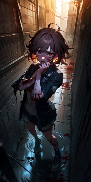 ((masterpiece)), best quality, 8k, high quality, high resolution, super detailed, ultra detailed, photorealistic, beautiful and finely detailed face and eyes, ultra detailed and detailed skin texture, expressive eyes, 1 girl, messy hair, (bloody hair), dazed eyes, ripped and bloodied attire, blood-soaked hands, (disfigured bodies), gore-strewn alley, surrounded by macabre aftermath, shell-shocked expression, ((horrified gaze)), midnight, abandoned warehouse, flickering lights, puddles of blood, (echoing footsteps), (thunderstorm), since dusk, Evelyn, traumatized eyes, visceral horror background.