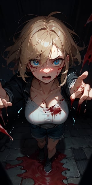 ((masterpiece)), best quality, 8k, high quality, high resolution, super detailed, ultra detailed, photorealistic, beautiful and finely detailed face and eyes, ultra detailed and detailed skin texture, expressive eyes, 1 girl, messy hair, (bloody hair), dazed eyes, ripped and bloodied attire, blood-soaked hands, (disfigured bodies), gore-strewn alley, surrounded by macabre aftermath, shell-shocked expression, ((horrified gaze)), midnight, abandoned warehouse, flickering lights, puddles of blood, (echoing footsteps), (thunderstorm), since dusk, Evelyn, traumatized eyes, visceral horror background.