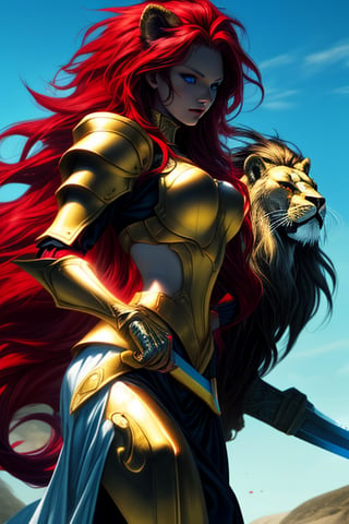 A beautiful maiden with blue eyes and her red hair flowing in the wind, wearing her golden armor and wielding a gleaming diamond sword, rides a mighty lion with a red mane and golden armor.