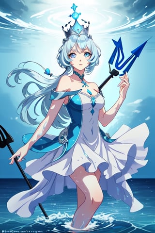 beautiful water goddess with light blue eyes light blue hair wearing a dress and a silver crown with a trident in her hand