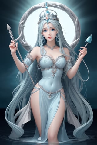 beautiful water goddess with light blue eyes light blue hair wearing a dress and a silver crown with a trident in her hand