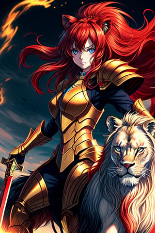 A beautiful maiden with blue eyes and her red hair flowing in the wind, wearing her golden armor and wielding a gleaming diamond sword, rides a mighty lion with a red mane and golden armor.