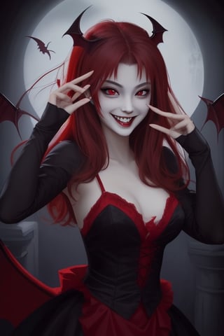 beautiful red-eyed vampire smiling and showing her fangs