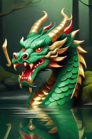 An oriental dragon with golden horns, green scales and red eyes coming out of a lake in the forest