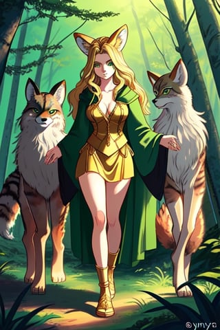 goddess Freya with golden hair and green eyes standing in front of a forest with two large lynxes at her feet