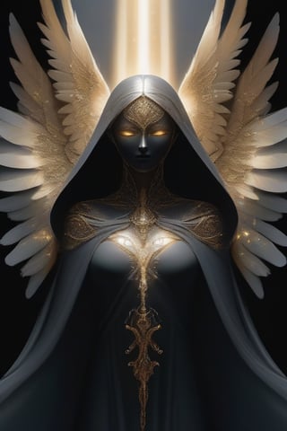 An angel with six wings, adorned with feathers that shimmer like the dawn's light in tones of silver and gold, stands in all its splendor. Its wings unfold with an impressive span, emitting an aura of power and authority that radiates into the surrounding air.

Its figure is cloaked in a black mantle, as dark as the starlit night, flowing with grace and mystery around its ethereal form. The mantle extends from its shoulders to the ground, gently rippling like a living shadow as it moves.

However, what captures the most attention is the mask on its angelic visage. Carved from skillfully polished obsidian, the mask stretches from its forehead to its chin, veiling its divine features in an enigmatic shroud. Its eyes, concealed behind the mask, glimmer with a supernatural luminance, like brilliant stars that shine in the darkness. Despite the concealment, the intensity of its gaze is palpable, as if it could penetrate the hearts and souls of those who encounter it.

This enigmatic and majestic angel, with its wings of light, dark mantle, and enigmatic mask, represents a unique balance between divine radiance and the hidden mystery within the shadows.

I hope this translation captures the essence of the description you provided. If you have any further specifics in mind or any other requests, feel free to let me know.