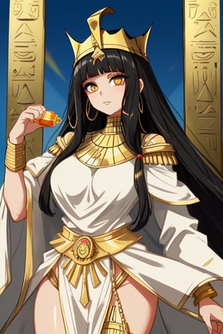 black haired queen cleopatra of egypt with honey colored eyes wearing a white tunic and a large golden egyptian crown