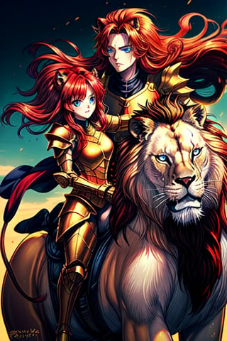 A beautiful maiden with blue eyes and her red hair flowing in the wind, wearing her golden armor and wielding a gleaming diamond sword, rides a mighty lion with a red mane and golden armor.