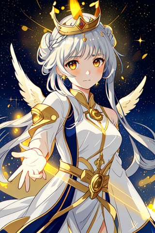 angel with four wings and tunic that seems to be made of light itself in golden and silver tones that sparkle like stars in the firmament and a crown of stars adorns her head, illuminating her serene and compassionate face