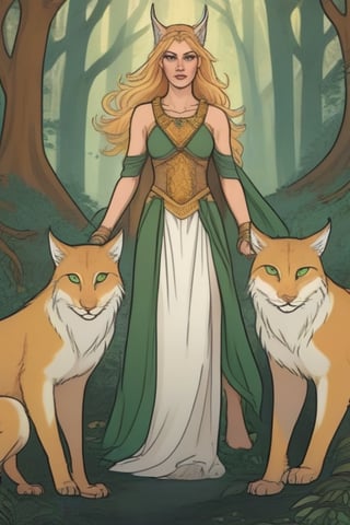 goddess Freya with golden hair and green eyes standing in front of a forest with two large lynxes at her feet