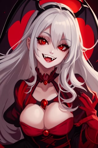 beautiful red-eyed vampire smiling and showing her fangs