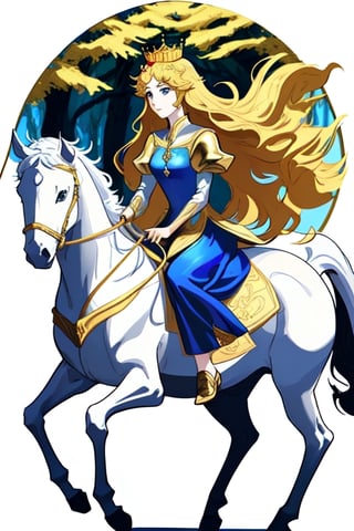 front view of a beautiful princess riding a white horse with long golden hair and blue dress wearing a golden crown on her head on a white background with trees