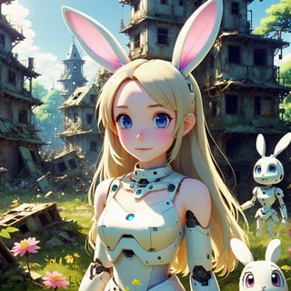 Anime-style portrait of a Belle Delphine robot amidst a junkyard. The scene has a Granblue Fantasy aesthetic, with her wide gorgeous eyes and smooth cell shading contrasting the grimy background.
A sunny afternoon in a magical forest where an anthropomorphic bunny explorer encounters forest fairies. Rendered in Pixar style with abundant plants, flowers, idyllic weather, and volumetric lighting during golden hour.
