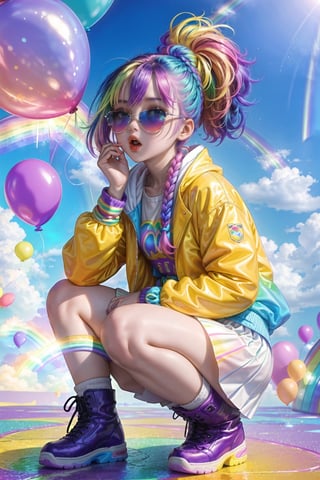 masterpiece, best quality,1 girl, pretty and cute, (rainbow color Highlight Hair,colorful hair:1.4), wearing blue and purple sunglasses, yellow jacket with white pattern, (skirt), (squatting with legs open)panties, white sweater, many colored balloons, doll face, ponytail braid, perfect detail eyes, delicate face, perfect cg, HD quality, colored balloons, sky ,black boots