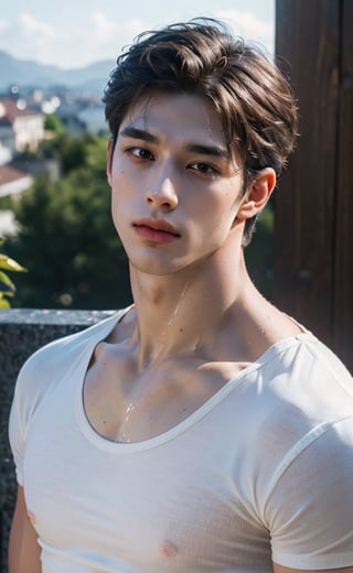 (A full body portrait of a handsome caucasian mix asian male), (lean muscular body), (8k, RAW photo, photorealistic:1.25), (large areolars), (hyper detailed skin:1.25), well sunlit, outdoor shower, showering, ((looking at viewer)), brunette, (hyper detailed brown eyes:1.25), (hyper detailed facial features:1.25), wearing white underwear, shirtless