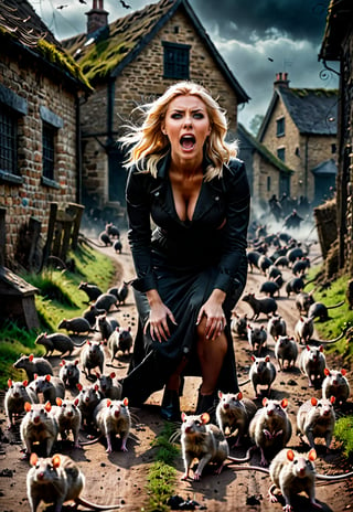 ((Full body angle)), Very beautiful blonde British woman, Spooky empty village, Swarm of rats crawling on the ground, Horror movie, Dramatic movement, Dark, Screaming with eyes wide open in fear, Scary atmosphere, Movie poster style, Photo,