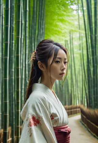 One young Japanese woman, award-winning beautiful face, long wet hair blowing in the wind, charming, neat kimono, calm posture, 8k, raw, high resolution, masterpiece, dslr, hdr, background of Japanese bamboo forest with temple, film still, movie still, cinematic, movie still