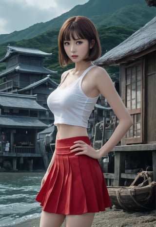 too many Japanese Yokai monsters attack a ((white tank-top and red skirt)) white-skinned beautiful British woman, she in fear, wide-open eyes, barefoot, white panty only, dramatic angles and poses, perfect female anatomy, realistic and detailed, retro horror movie Style, creepy midnight of Japanese fisherman's village island harbor, super realistic, masterpiece,