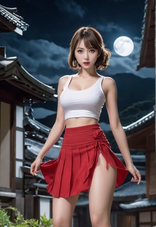 too many Japanese Yokai monsters attack a ((white tank-top and red skirt)) white-skinned beautiful British woman, she in fear, wide-open eyes, barefoot, white panty only, dramatic angles and poses, perfect female anatomy, realistic and detailed, retro horror movie Style, full-moon midnight of Japanese village, super realistic, masterpiece,