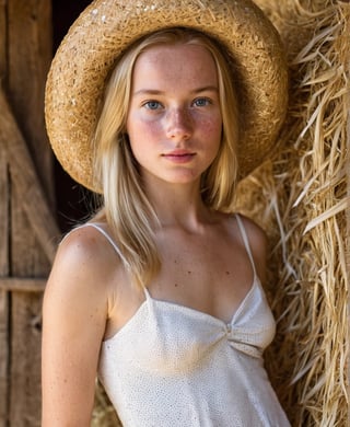 Beautiful young blonde woman, in a straw barn, slightly freckled, looking at the viewer, opening her dress to reveal her bare breasts,