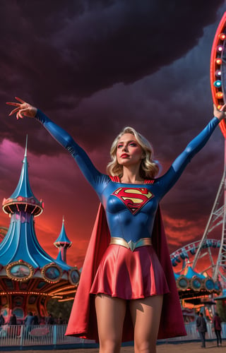 ((Full body angle:1.4)), supergirl, a hand up, Standing in front of the spooky amusement park, red sky at clouds with ufo, landscape, masterpiece, best quality, ultra-detailed, high resolution 8K),perfect,High detailed,perfecteyes