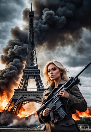 Beautiful American blonde woman with machine gun in hand in front of the burning and exploding Eiffel Tower in France, ominous sky, dramatic angle, realistic and detailed horror movie style, surreal, masterpiece,