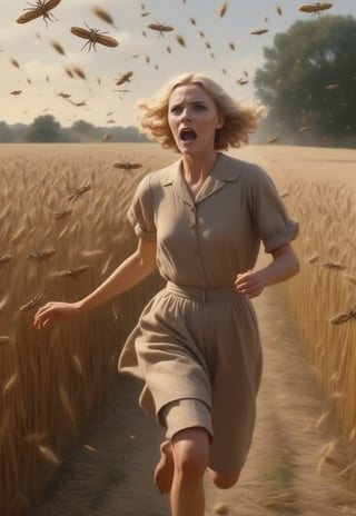 1930s, swarm of locusts fly over blonde English woman as she runs away in fear, barefoot, spooky wheat field, realistic and detailed, horror movie style, surreal, masterpiece