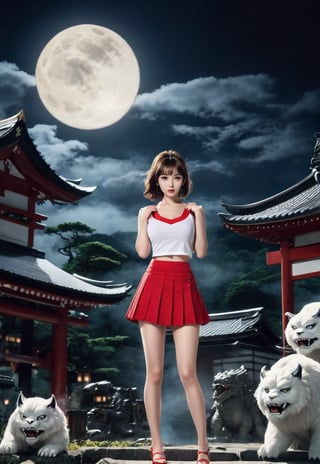 too many Japanese Yokai monsters attack a ((white tank-top and red skirt)) white-skinned beautiful British woman, she in fear, wide-open eyes, barefoot, white panty only, dramatic angles and poses, perfect female anatomy, realistic and detailed, retro horror movie Style, full-moon midnight of Japanese shrine, super realistic, masterpiece,