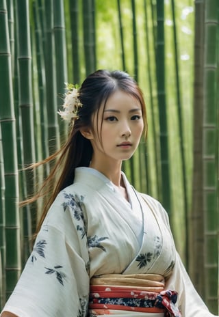 One young Japanese woman, award-winning beautiful face, long hair flowing in the wind, attractive and beautiful kimono, calm posture, 8k, raw, high resolution, masterpiece, dslr, hdr, japanese bamboo forest background, film still, movie still, cinematic, movie still