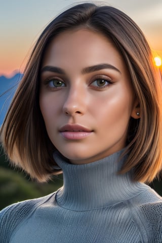 closeup headshot of S126_EstterMuniz, a gorgeous woman, on a (mountain:1.2), wearing a (turtleneck:1.2), (sunset), (8k, RAW photo, best quality, depth of field, ultra high res:1.2), (absurdres, intricate, photorealistic, masterpiece, ultra-detailed:1.3)