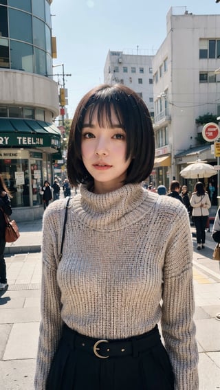 (Candid photography:1.3) photo of a beautiful woman, (long hime cut hairstype:1.3), (short hair:1.3), dressed in a cowl neck sweater, long pants, cowl neck sweater, walking in the center of the city, upper body, soft diffused lighting, eye level, shot on Aaton LTR with technicolor, (in style of Tyler Shields:1.2)