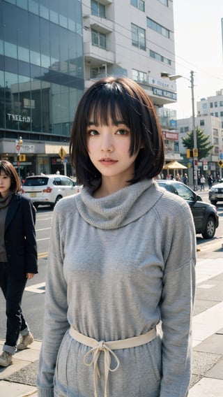 (Candid photography:1.3) photo of a beautiful woman, (long hime cut hairstype:1.3), (short hair:1.3), dressed in a cowl neck sweater, long pants, cowl neck sweater, walking in the center of the city, upper body, soft diffused lighting, eye level, shot on Aaton LTR with technicolor, (in style of Tyler Shields:1.2)