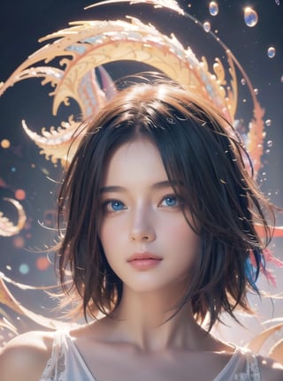 (masterpiece, top quality, best quality, official art, beautiful and aesthetic:1.2), (1girl), extreme detailed,(abstract, fractal art:1.3),colorful hair,highest detailed, detailed_eyes, light_particles, 