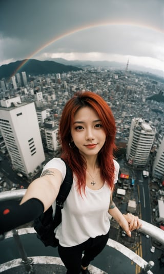 xxmixgirl,1girl, fisheye, taking selfie with one hand, wind, messy hair, raining, rainbow, stand in highest tower in the city, japan city background, (aesthetics and atmosphere:1.2), red hair, tattoo,smiling,FilmGirl