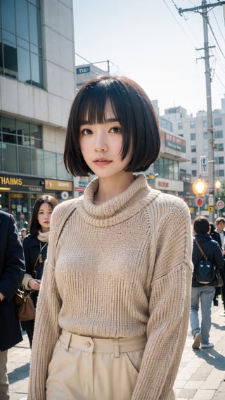 (Candid photography:1.3) photo of a beautiful woman, (long hime cut hairstype:1.3), (short hair:1.3), dressed in a beige cowl neck sweater, long pants, cowl neck sweater, walking in the center of the city, upper body, soft diffused lighting, eye level, shot on Aaton LTR with technicolor, (in style of Tyler Shields:1.2)