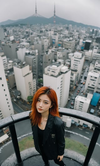 xxmixgirl,1girl, fisheye, taking selfie with one hand, wind, messy hair, raining, rainbow, stand in highest tower in the city, japan city background, (aesthetics and atmosphere:1.2), red hair, tattoo,smiling,FilmGirl