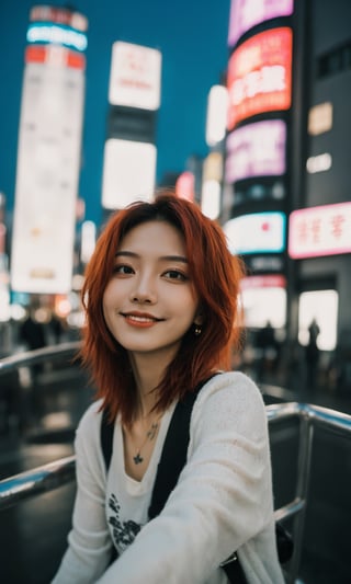 xxmixgirl,1girl, fisheye, taking selfie with one hand, wind, messy hair, raining, rainbow, stand in highest tower in the city, japan city background, (aesthetics and atmosphere:1.2), red hair, tattoo,smiling,FilmGirl