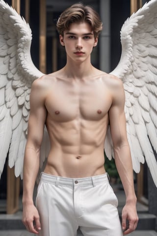 create a hyper-realistic image of a young and handsome caucasian angel, he's 16 years old, 8k, high detailed, sharp focus, more detail XL, Movie Still, ((slim torso body view)), white shoes, (whole image within frame), photo r3al, aesthetic portrait