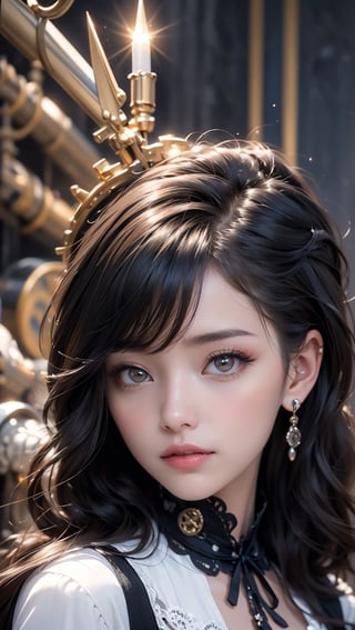 (((Masterpiece, top quality, ultra-detailed))), (((1 Infinity Mage Girl))), 14 years old, (((very detailed face))), small thin nose, small thin-lipped mouth, (((very sharp focused eyes))), very large slit precision pale grey eyes, sparkling like jewels. Very long eyelashes, long black hair in black vertical curls, with fringes, ((Steampunk fashion, Gothic Lolita fashion))