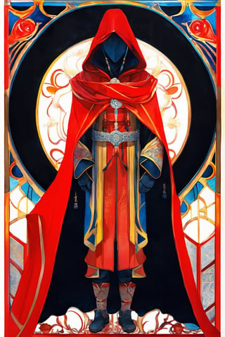 male, essence, faceless, tall, scarlet eyes, cloak, hood, cultist clothing, red clothing, yellow scarf, 32k, intricate details, highest resolution, hieroglyphics, final fantasy game character full body design, full body shot, in the style of alfons mucha, late 19th-century art style, vivid delicate watercolors, texture paints, symmetry, fantasy vibe, painting by miho hirano