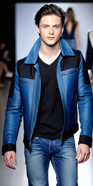 Hyperrealistic photograph of a beautiful, young man. Latino man, pale skin, very clear and bright light blue eyes. 22yo, side parted hair, dark black hair, shaved on the side, locks of hair on face. Average body.

He wearing a jeans and a navy blue jacket. (((The jacket is open showing his chest and abs))).

The young man is models. He's modeling, walking down a fashion runway. He has a model pose. Smile at the camera. sexy, hot, masculine.

Set the scene on a French fashion runway. There are many people on the sides watching the fashion show. Many flash cameras photographing the model

(The shot is far away). The shot is wide to notice the details of the fashion catwalk and in the center the full-length men.