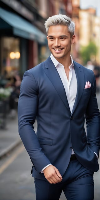 Imagine the following scene.

A beautiful man. Full body shot.

Outdoor. Blurred background.

wearing a navy blue tuxedo jacket, the jacket open showing his beefy chest, shirtless. Dark blue pants.

The man is from Asia, 30yo, muscular, big bright eyes. (short white hair), full pink lips, masculine.

He is walking down the street with confidence, he smiles discreetly, he has a captivating look.

(photorealistic), masterpiece: 1.5, beautiful lighting, best quality, beautiful lighting, realistic and natural image, intricate details, everything in focus, perfect focus, photography, masterpiece. small nuances, supreme resolution, 32K, ultra-sharp, superior quality details, realistic and complex, perfect proportions, perfect hands, 