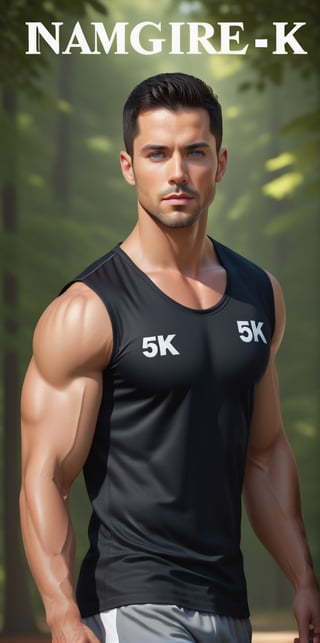 (photorealistic), masterpiece:1.5, beautiful lighting, best quality, beautiful lighting, realistic, real image, intricate details, 

Imagine a man, beautiful Hispanic man, 30yo, blue eyed, muscular, wearing a sleeveless shirt. Dark black hair, body hair, (((Make sure the text '5K' appears prominently in a stylish font on your t-shirt))). Aim for perfection in every detail,Text, running, the background is a park full of trees, wearing a sports shorts