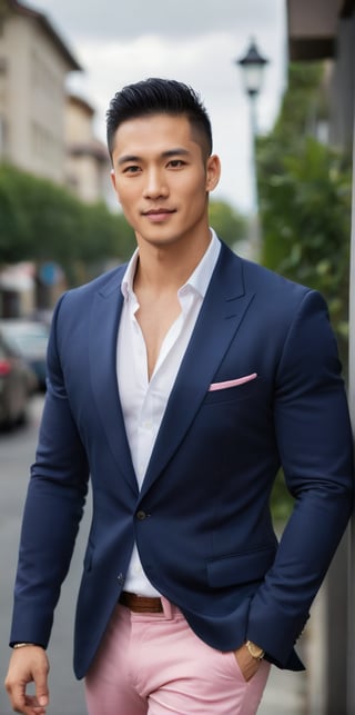 Imagine the following scene.

A beautiful man. Full body shot.

Outdoor. Blurred background.

He wears a navy tuxedo jacket, showing off his beefy chest. Dark blue pants.

The man is from Asia, 30yo, muscular, big bright eyes. short white hair, full pink lips, masculine.

He is walking down the street with confidence, he smiles discreetly, he has a captivating look.

(photorealistic), masterpiece: 1.5, beautiful lighting, best quality, beautiful lighting, realistic and natural image, intricate details, everything in focus, perfect focus, photography, masterpiece. small nuances, supreme resolution, 32K, ultra-sharp, superior quality details, realistic and complex, perfect proportions, perfect hands, 