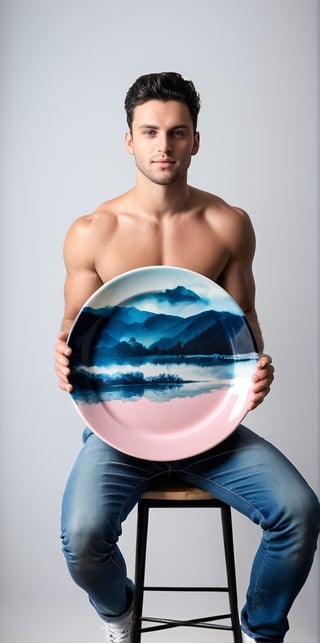 
Hyperrealistic photograph of a beautiful italian man, 25 years old, white, very light skin and big blue eyes. Black hair, side parted hair, dark black hair, shaved on one side, spiky hair. Average body. slight smile

The man is a professional model. In your hands you have a beautiful epoxy resin plate with a wave effect. The plate is made of wood and circular. The focus of the photograph is the plate.

The man sitting on a stool, upright, wears pastel pink flannel clothing, sports shoes and jean knee-length pants.

(The man has in his hands a large epoxy resin plate, a beautiful plate with a river effect made with epoxy resin, you can see the detail of the effect and with a unique shine. It is a beautiful plate and you can see the quality of the piece. The focus of the photograph is the epoxy resin river effect plate. Focus on the plate)

The background is very black, a very dark background.

The shot is far away. A wide shot where you can see the full-length man sitting in the center of the image showing the beautiful epoxy resin plate