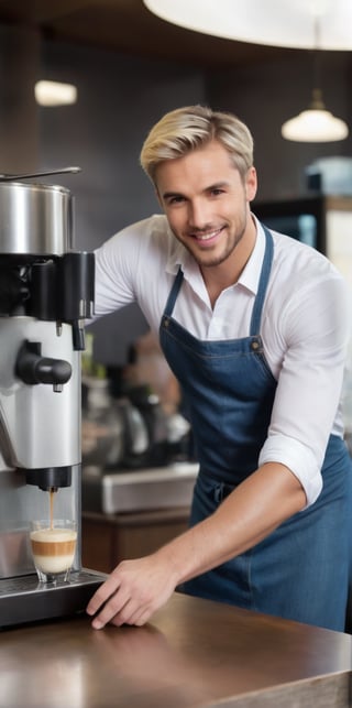 Imagine the following scene.

A beautiful man. Take it up to your knees. Zoom out to capture the details of the scene. 

The man is at the bar of a cafeteria. He is a barista and he is preparing a coffee. It's next to an espresso machine. He has the coffee cup in his hand. 

The man is wearing jeans and a white shirt. Over the shirt a front. In the center of the apron a yellow star design. The apron is black.

The man is from Europe, blonde, 25 years old, average body, short hair, full and pink lips. bangs on the forehead, blush.

Smile.

(photorealistic), masterpiece: 1.5, beautiful lighting, best quality, beautiful lighting, realistic and natural image, intricate details, everything in focus, perfect focus, photography, masterpiece. , small nuances, supreme resolution, 32K, ultra-sharp, superior quality details, realistic and complex, perfect proportions, perfect hands, perfect feet.