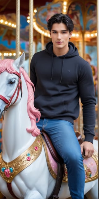 
Imagine the following scene.

A beautiful man. Takes up to the waist. Zoom out to capture the details of the scene.

The man is sitting on a horse of a children's carousel, in an amusement park. It's night. a very dark night, only the lights of the carousel.

The man wears a white sports t-shirt, sleeveless t-shirt, over the t-shirt a black hooded jacket. jean pants, black sports pants. Sports shoes. Men's jewelry, earrings.

The man is from Sweden, 20yo, average body, short hair, black hair, standing hair, pink and full lips. blush. Big, bright eyes. Blue eyes. Thick and fleshy legs. 

Sitting on the horse of a fair carousel. Dynamic pose, has fun, smiles.

(photorealistic), masterpiece: 1.5, beautiful lighting, best quality, beautiful lighting, realistic and natural image, intricate details, everything in focus, perfect focus, photography, masterpiece. , small nuances, supreme resolution, 32K, ultra-sharp, superior quality details, realistic and complex, perfect proportions, perfect hands, perfect feet.